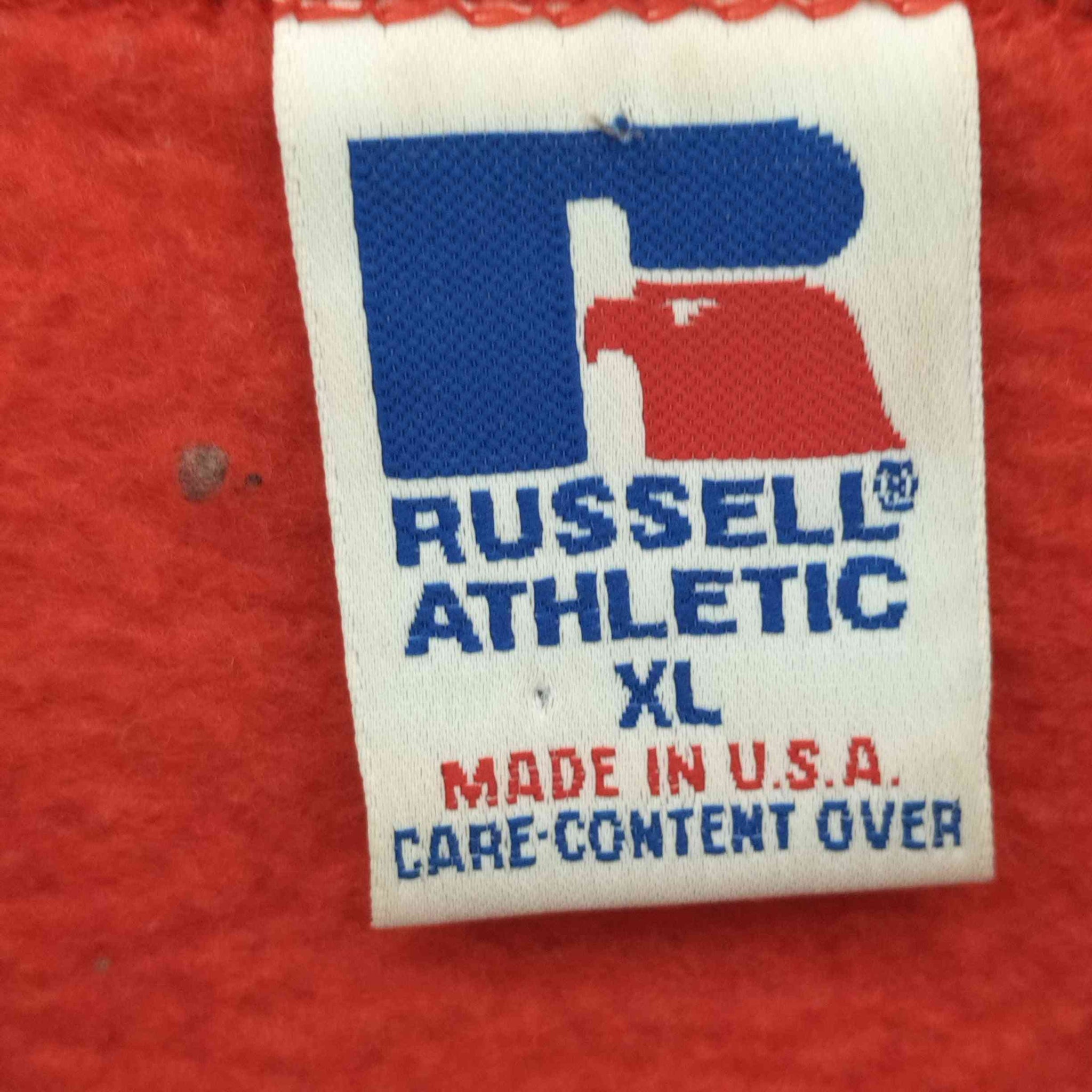 RUSSELL ATHLETIC(ラッセルアスレチック)90s USA製 Vガゼット フロント刺繍裏起毛クルーネックスウェット