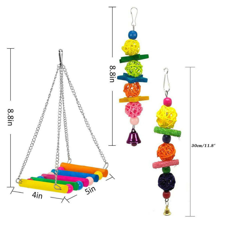 小鳥 インコ オウム とまり木 おもちゃ ６点セット カラフル 吊下げ 木製 アスレチック