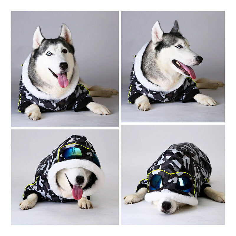 犬服 ブランド かわいい 防寒 PETFiND 犬 犬の服 秋冬 中型 大型 迷彩ブルゾンパーカー サングラス マジックテープ フード