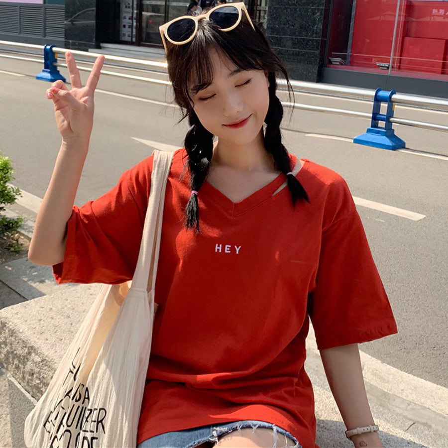 英字刺繍肩見せカットソー 春夏新作 韓国ファッション