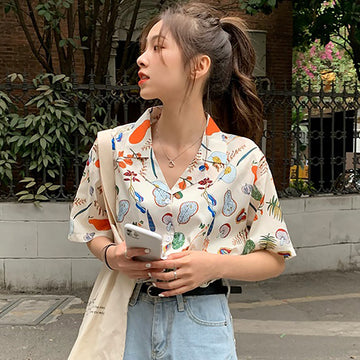 ユニーク総柄襟付半袖シャツ 春夏新作 韓国ファッション