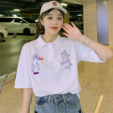 ユニーク猫プリント半袖ポロシャツ 春夏 韓国ファッション