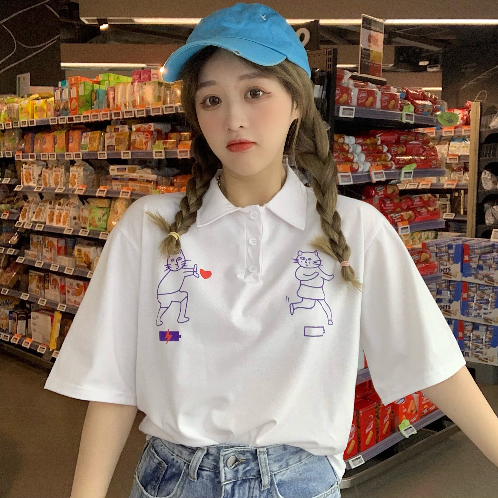 ユニーク猫プリント半袖ポロシャツ 春夏 韓国ファッション