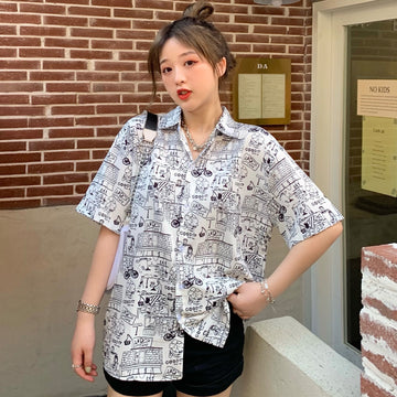 モノクロ絵柄総柄襟付半袖シャツ 春夏 韓国ファッション