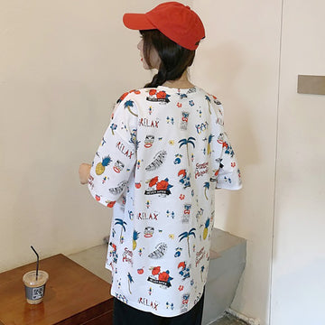 ユニーク総柄半袖カットソー 春夏 韓国ファッション