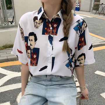 顔柄総柄襟付半袖シャツ 春夏 韓国ファッション