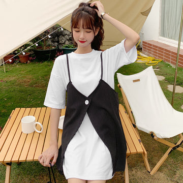 ストライプ柄キャミベスト付半袖ワンピース 春夏 韓国ファッション