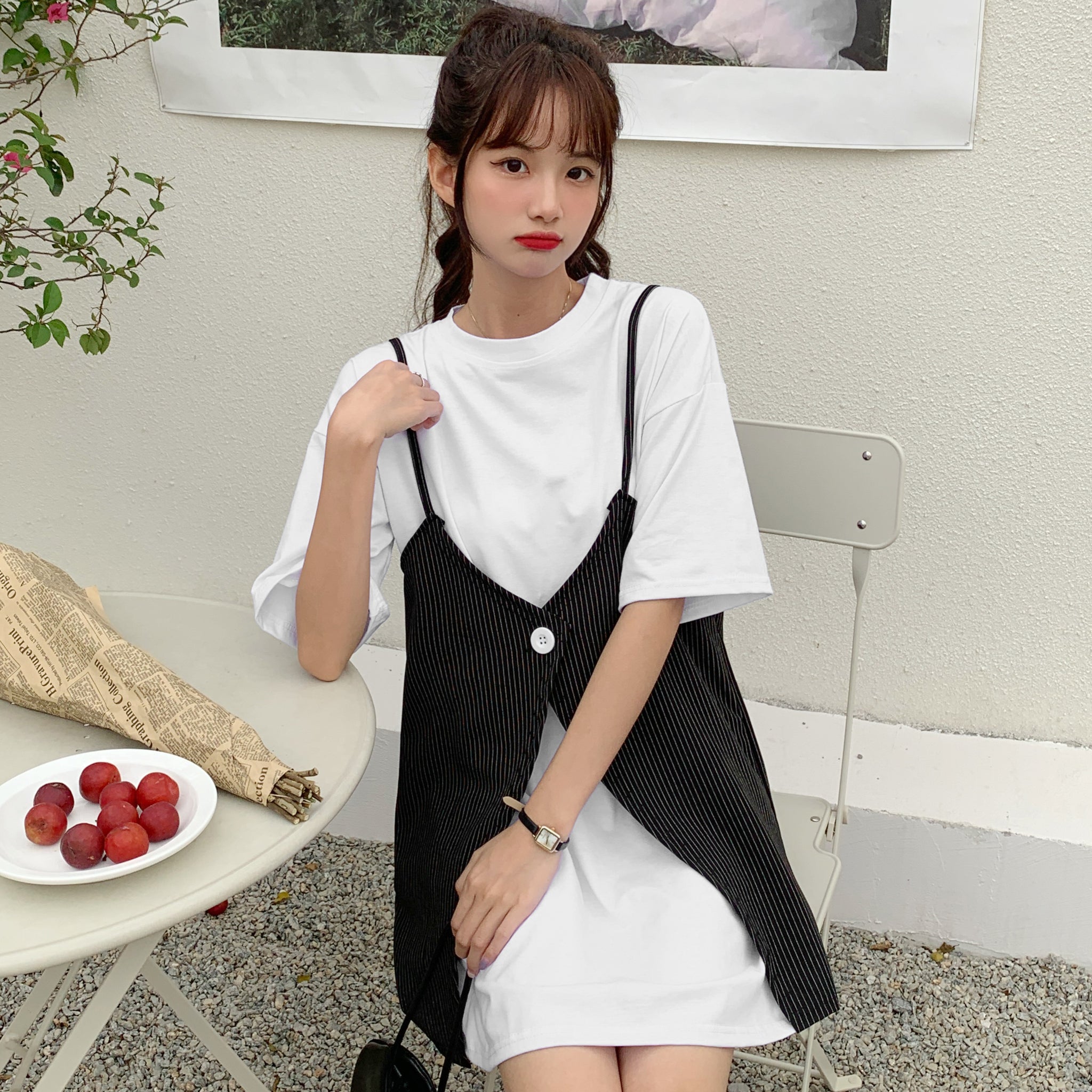 ストライプ柄キャミベスト付半袖ワンピース 春夏 韓国ファッション