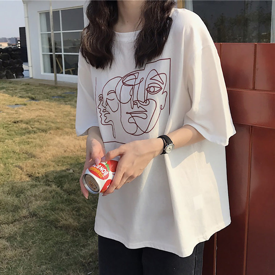 手書き風プリント半袖Tシャツカットソー 春夏 韓国ファッション