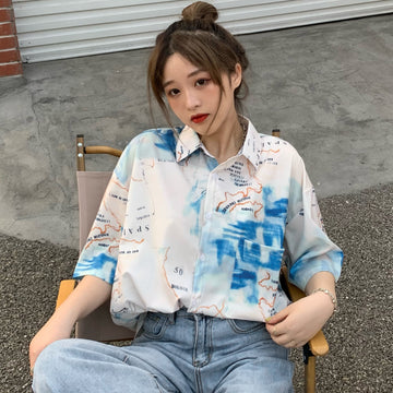 ユニーク柄半袖シャツ 春夏 韓国ファッション