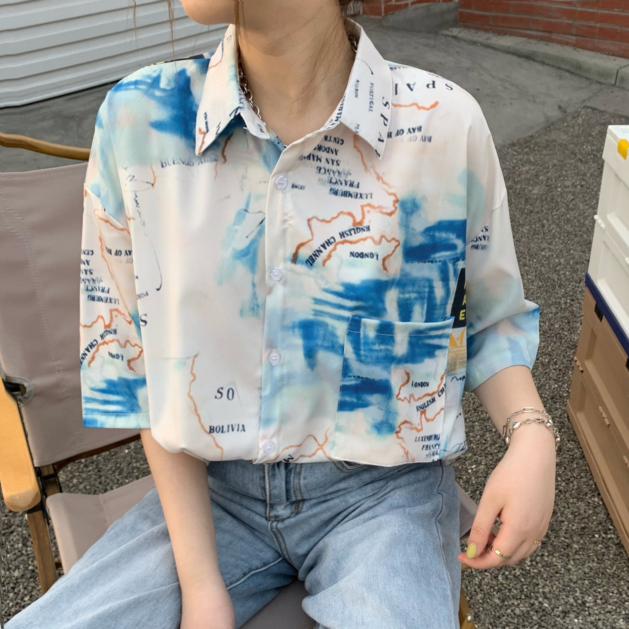 ユニーク柄半袖シャツ 春夏 韓国ファッション