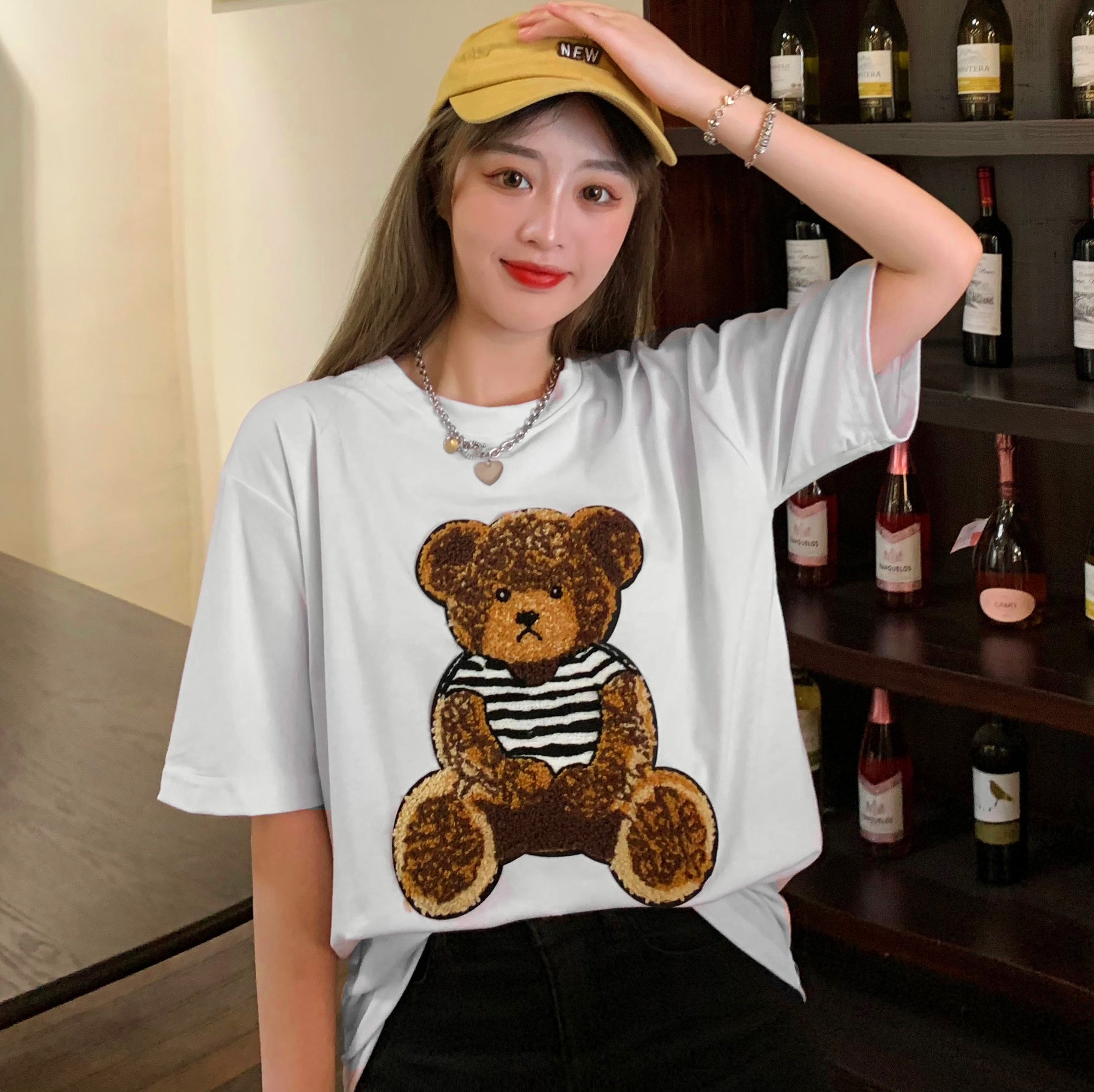 熊ワッペンデザイン半袖Tシャツカットソー 春夏 韓国ファッション