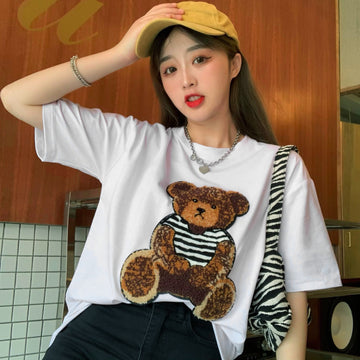 熊ワッペンデザイン半袖Tシャツカットソー 春夏 韓国ファッション