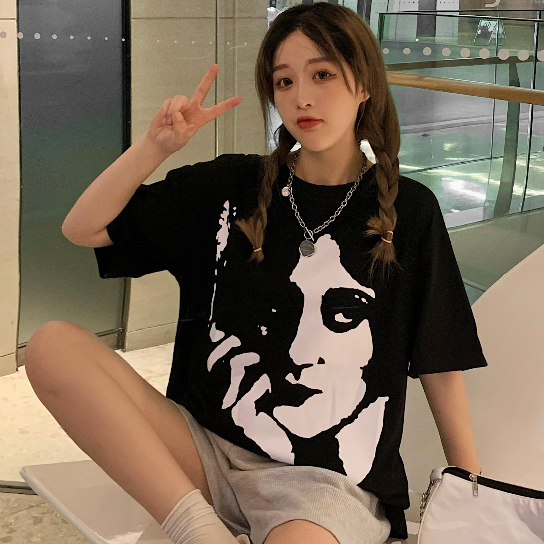 顔プリント半袖Tシャツカットソー 韓国ファッション