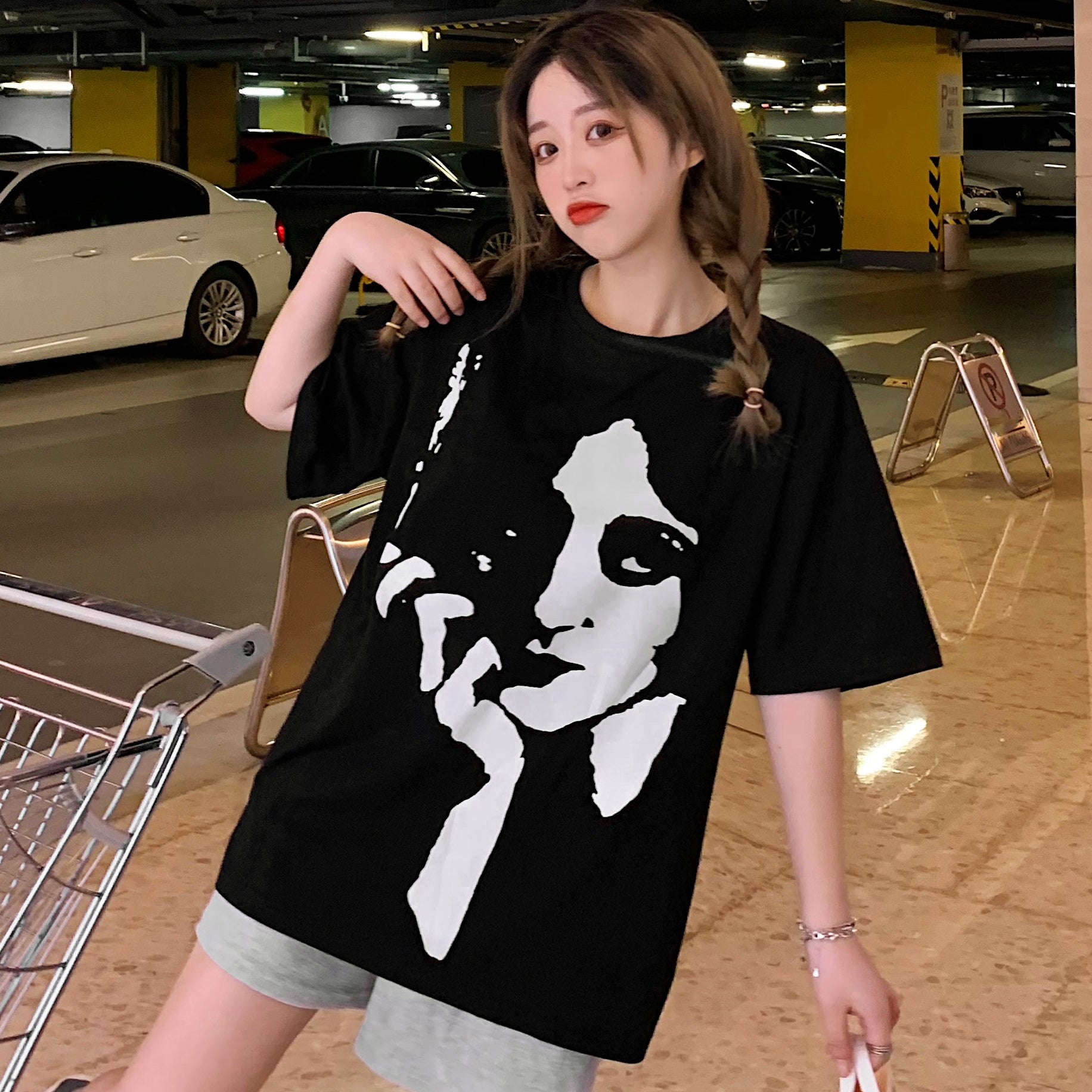 顔プリント半袖Tシャツカットソー 韓国ファッション