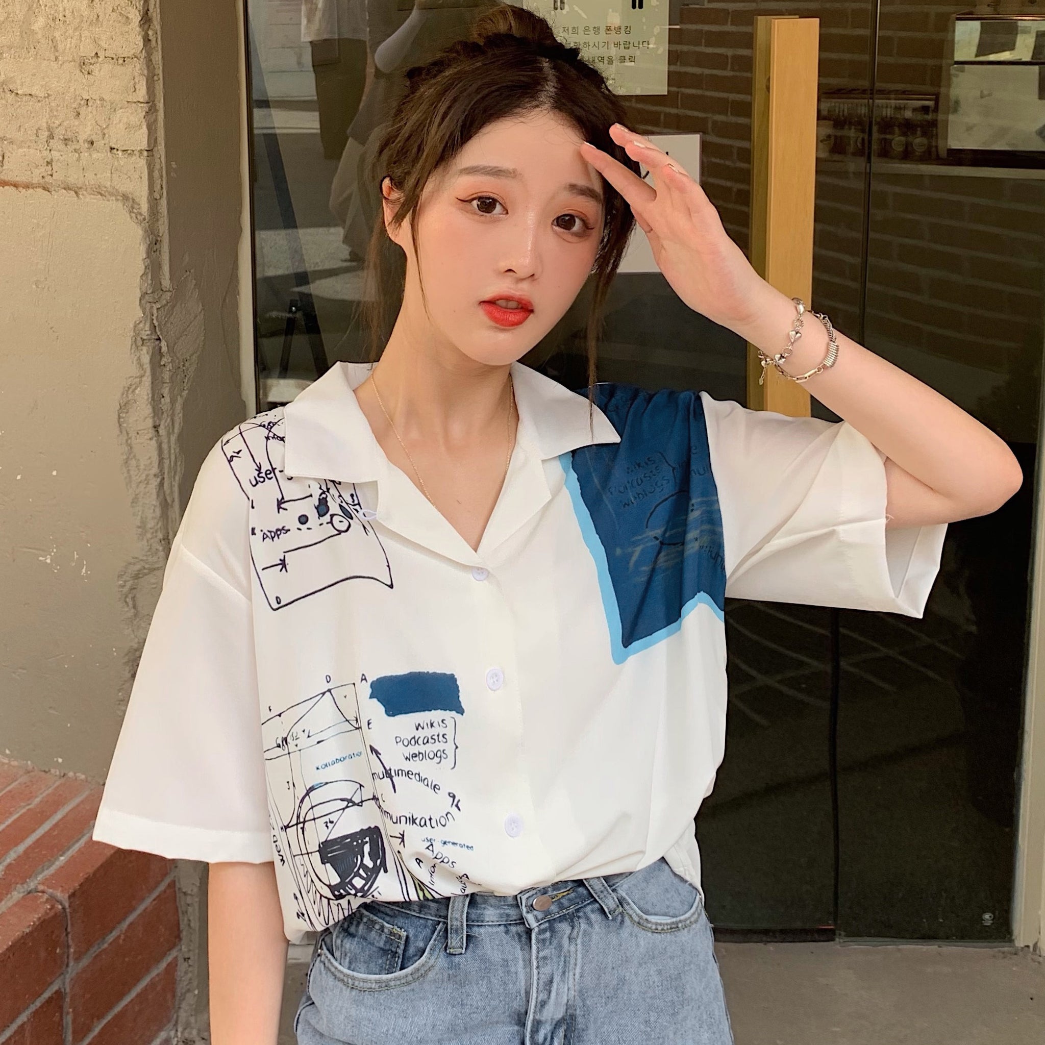 ユニーク総柄襟付半袖シャツ 韓国ファッション