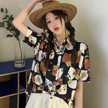 花柄襟付半袖シャツ 韓国ファッション