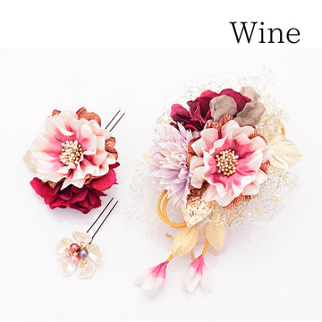 髪飾りヘッドドレスチュールかすみ草プリザーブドフラワー成人式ワイン赤ピンク花かんざしコームＵピン袴振袖
