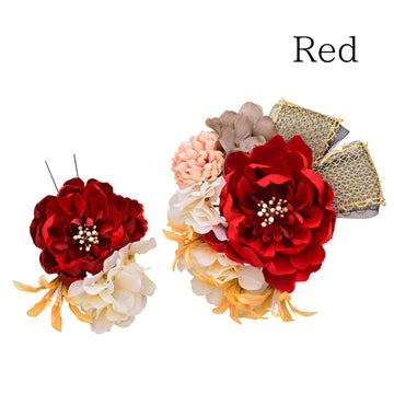 髪飾りヘッドドレス２点セットリボンレース成人式赤レッド花かんざしコームＵピン卒業式振袖着物袴洋装