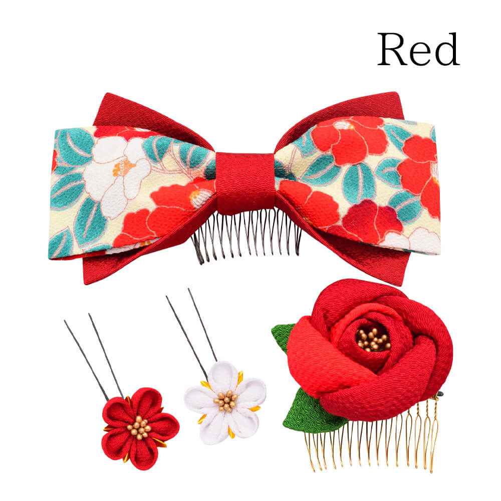 髪飾りヘッドドレスちりめんつまみ細工椿梅セット卒業式成人式赤レッド花かんざしコームＵピン袴振袖