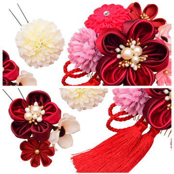 髪飾りヘッドドレスつまみ細工アンティーク成人式ワイン赤花かんざしコームＵピンセット袴振袖着物和装花